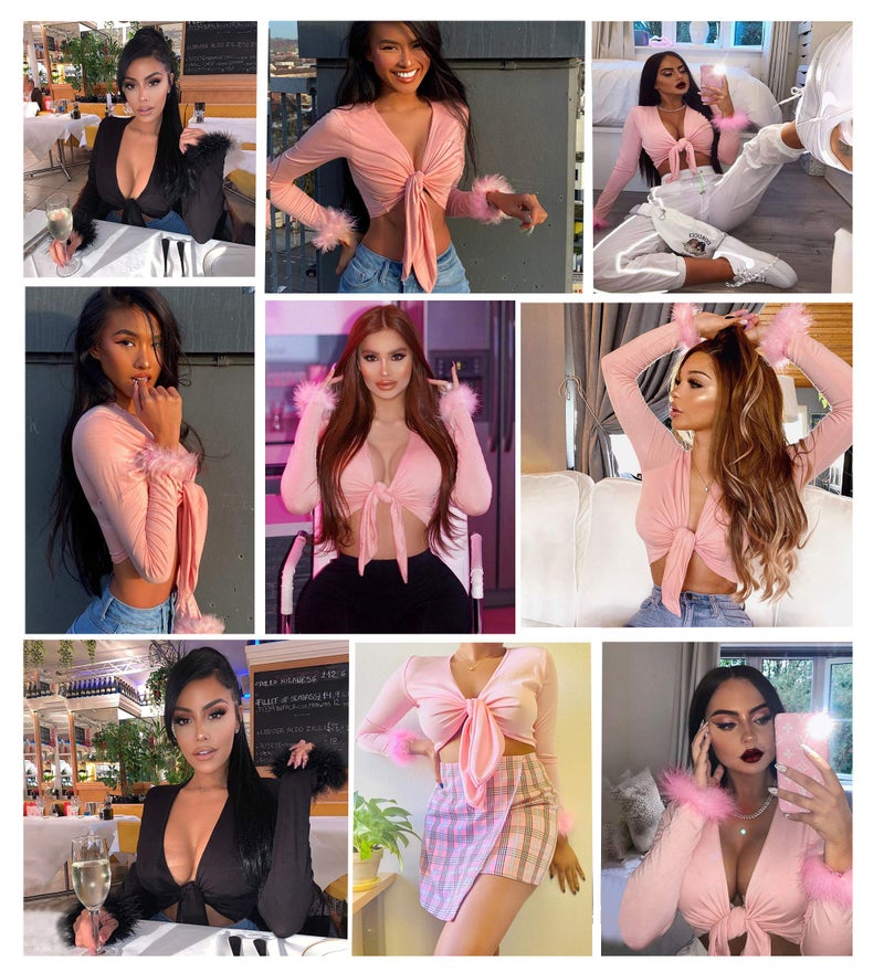 Newfancy Women's Sexy Long Sleeve Tie Up Crop Top Feather Trim Deep V Neck Basic Tight Shirt Faux Fur Blouse, Pink, Large - Image 3